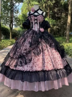 Robe gothique Lolita en dentelle à volants et imprimé floral jolie robe de princesse sans manches en maille à volants robe longue