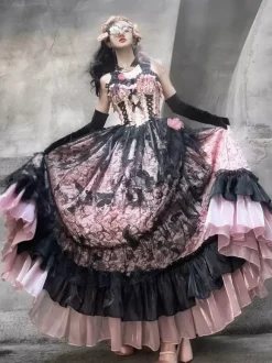 Robe gothique Lolita en dentelle à volants et imprimé floral jolie robe de princesse sans manches en maille à volants robe longue