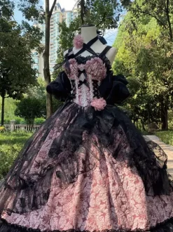 Robe gothique Lolita en dentelle à volants et imprimé floral jolie robe de princesse sans manches en maille à volants robe longue