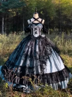 Robe gothique Lolita en dentelle à volants et imprimé floral jolie robe de princesse sans manches en maille à volants robe longue