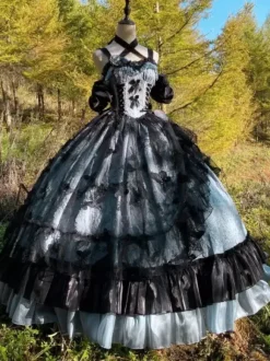 Robe gothique Lolita en dentelle à volants et imprimé floral jolie robe de princesse sans manches en maille à volants robe longue