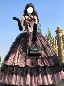 Robe gothique Lolita en dentelle à volants et imprimé floral jolie robe de princesse sans manches en maille à volants robe longue