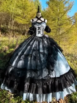 Robe gothique Lolita en dentelle à volants et imprimé floral jolie robe de princesse sans manches en maille à volants robe longue