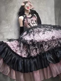 Robe gothique Lolita en dentelle à volants et imprimé floral jolie robe de princesse sans manches en maille à volants robe longue