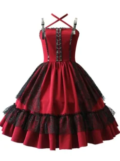Robe gothique lolita jsk robe bourgogne polyester manches sans manches dentelle dentelle dentelle recrute rouge lolita jupon jupon