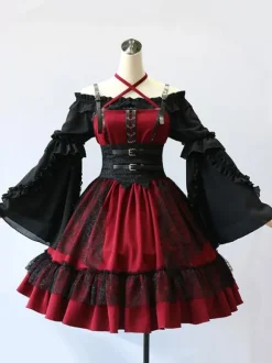 Robe gothique lolita jsk robe bourgogne polyester manches sans manches dentelle dentelle dentelle recrute rouge lolita jupon jupon