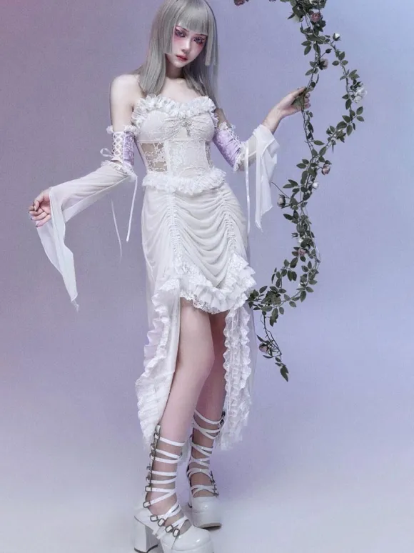 Robe gothique Lolita JSK Punk sans manches volants en dentelle motif croisé jupe pull Lolita blanche