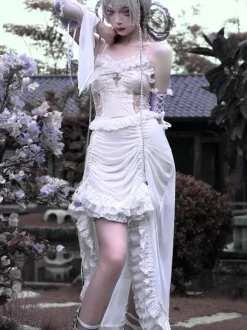 Robe gothique Lolita JSK Punk sans manches volants en dentelle motif croisé jupe pull Lolita blanche