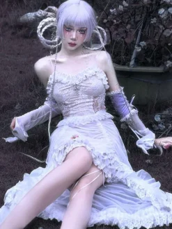 Robe gothique Lolita JSK Punk sans manches volants en dentelle motif croisé jupe pull Lolita blanche