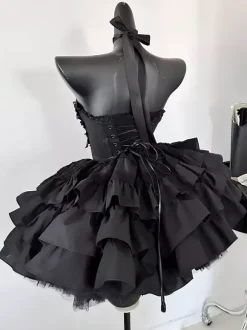 Robe gothique Lolita noire sans bretelles JSK avec harnais de poitrine amovible et accessoires de cou