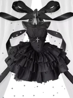 Robe gothique Lolita noire sans bretelles JSK avec harnais de poitrine amovible et accessoires de cou