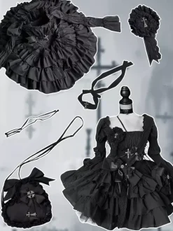 Robe gothique Lolita noire sans bretelles JSK avec harnais de poitrine amovible et accessoires de cou