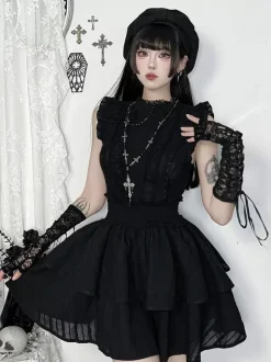 Robe gothique Lolita noire en dentelle à volants
