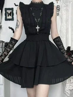 Robe gothique Lolita noire en dentelle à volants