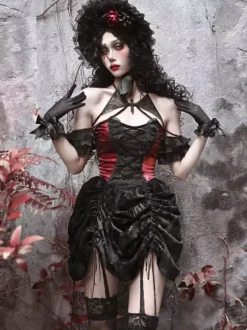 Robe gothique Lolita noire plissée en dentelle et blocs de couleurs