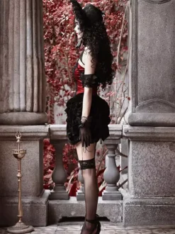 Robe gothique Lolita noire plissée en dentelle et blocs de couleurs