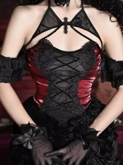 Robe gothique Lolita noire plissée en dentelle et blocs de couleurs