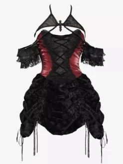 Robe gothique Lolita noire plissée en dentelle et blocs de couleurs