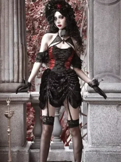 Robe gothique Lolita noire plissée en dentelle et blocs de couleurs