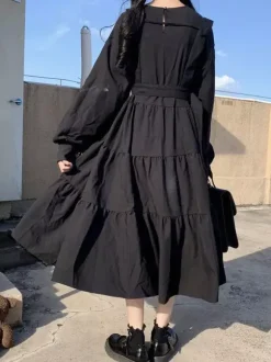 Robe gothique Lolita OP noire à manches longues et à volants Robe Lolita une pièce en polyester
