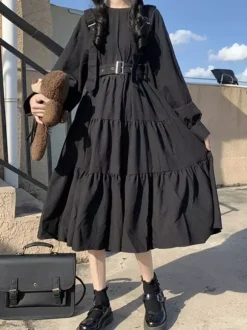 Robe gothique Lolita OP noire à manches longues et à volants Robe Lolita une pièce en polyester