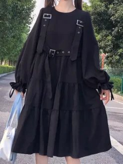 Robe gothique Lolita OP noire à manches longues et à volants Robe Lolita une pièce en polyester