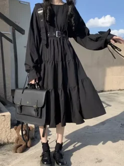 Robe gothique Lolita OP noire à manches longues et à volants Robe Lolita une pièce en polyester