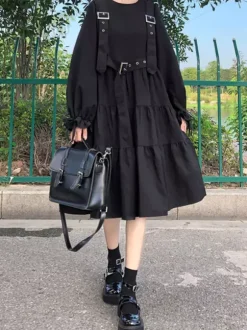 Robe gothique Lolita OP noire à manches longues et à volants Robe Lolita une pièce en polyester