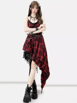 Robe gothique lolita punk à lacets à carreaux rouges et noirs sans manches corset gothique JSK