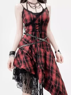 Robe gothique lolita punk à lacets à carreaux rouges et noirs sans manches corset gothique JSK
