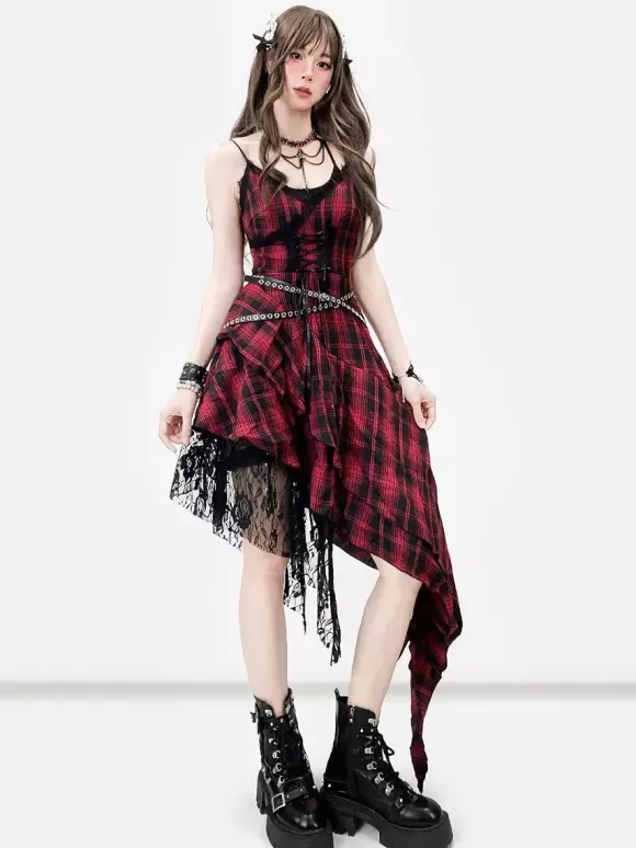 Robe gothique lolita punk à lacets à carreaux rouges et noirs sans manches corset gothique JSK