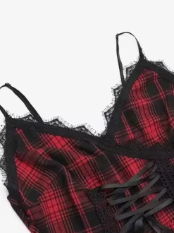Robe gothique lolita punk à lacets à carreaux rouges et noirs sans manches corset gothique JSK