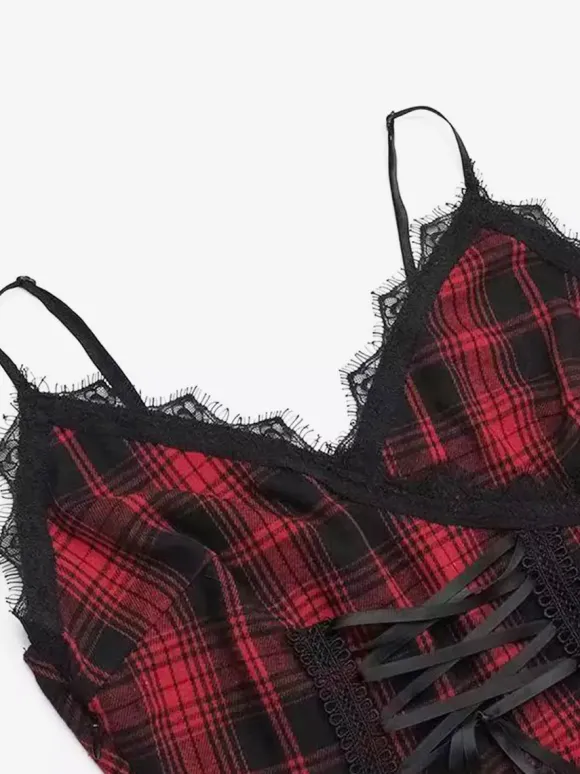 Robe gothique lolita punk à lacets à carreaux rouges et noirs sans manches corset gothique JSK