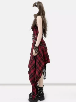 Robe gothique lolita punk à lacets à carreaux rouges et noirs sans manches corset gothique JSK