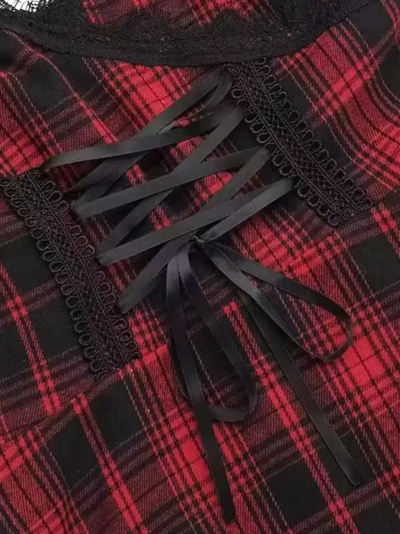 Robe gothique lolita punk à lacets à carreaux rouges et noirs sans manches corset gothique JSK