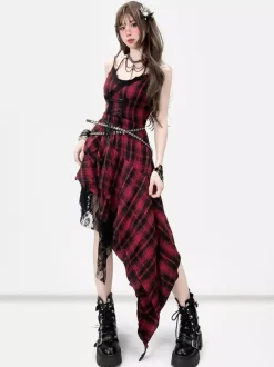 Robe gothique lolita punk à lacets à carreaux rouges et noirs sans manches corset gothique JSK