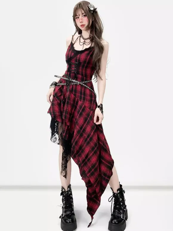Robe gothique lolita punk à lacets à carreaux rouges et noirs sans manches corset gothique JSK