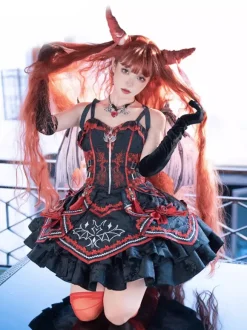Robe gothique Lolita rouge et noire JSK à imprimé chauve-souris costume de jeu de rôle Dark Fantasy