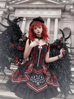 Robe gothique Lolita rouge et noire JSK à imprimé chauve-souris costume de jeu de rôle Dark Fantasy