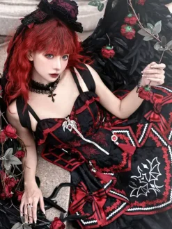 Robe gothique Lolita rouge et noire JSK à imprimé chauve-souris costume de jeu de rôle Dark Fantasy