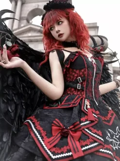 Robe gothique Lolita rouge et noire JSK à imprimé chauve-souris costume de jeu de rôle Dark Fantasy