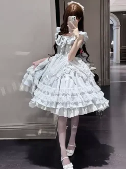 Robe Hime Lolita bleu ciel clair dentelle et volants JSK robe Sweet Lolita