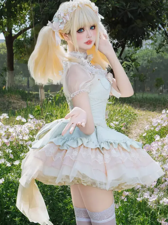 Robe Hime Sweet Lolita vert clair à manches courtes motif floral avec traîne en polyester style kawaii
