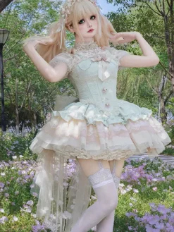 Robe Hime Sweet Lolita vert clair à manches courtes motif floral avec traîne en polyester style kawaii