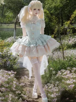 Robe Hime Sweet Lolita vert clair à manches courtes motif floral avec traîne en polyester style kawaii