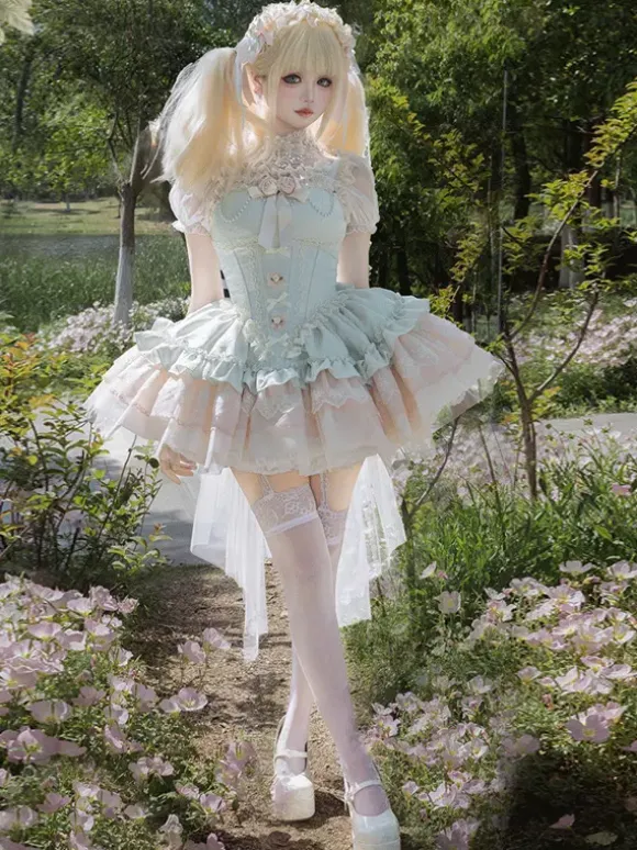 Robe Hime Sweet Lolita vert clair à manches courtes motif floral avec traîne en polyester style kawaii