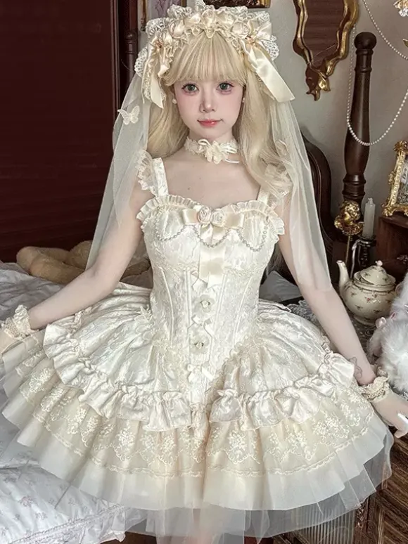 Robe Hime Sweet Lolita vert clair à manches courtes motif floral avec traîne en polyester style kawaii