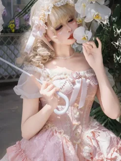Robe Hime Sweet Lolita vert clair à manches courtes motif floral avec traîne en polyester style kawaii