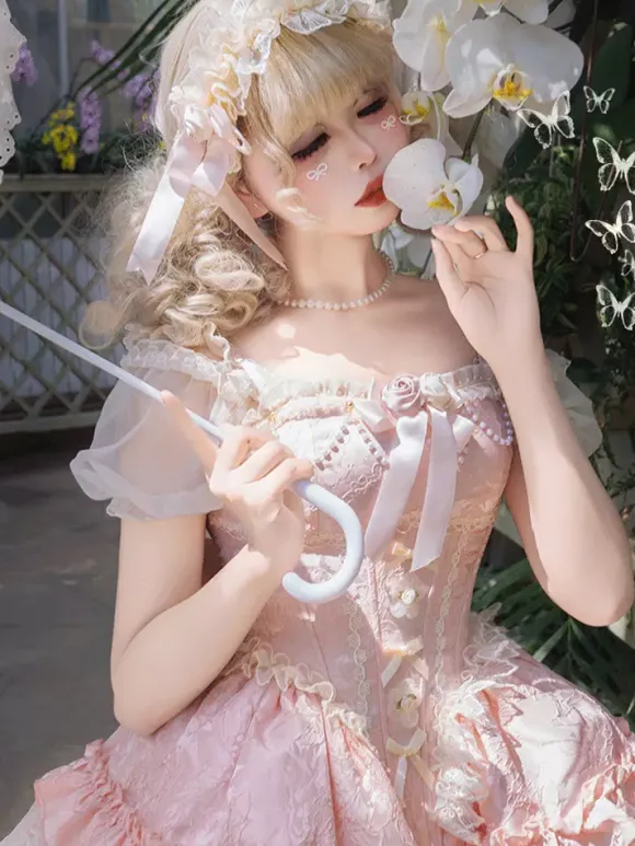 Robe Hime Sweet Lolita vert clair à manches courtes motif floral avec traîne en polyester style kawaii