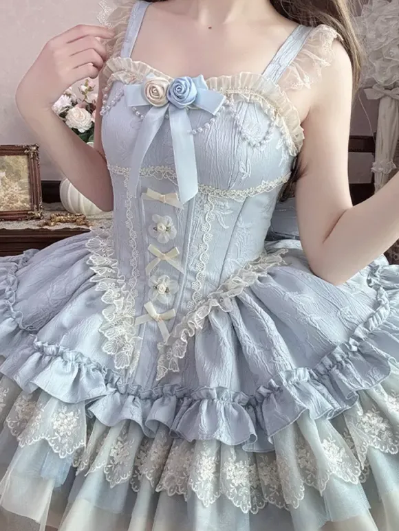 Robe Hime Sweet Lolita vert clair à manches courtes motif floral avec traîne en polyester style kawaii